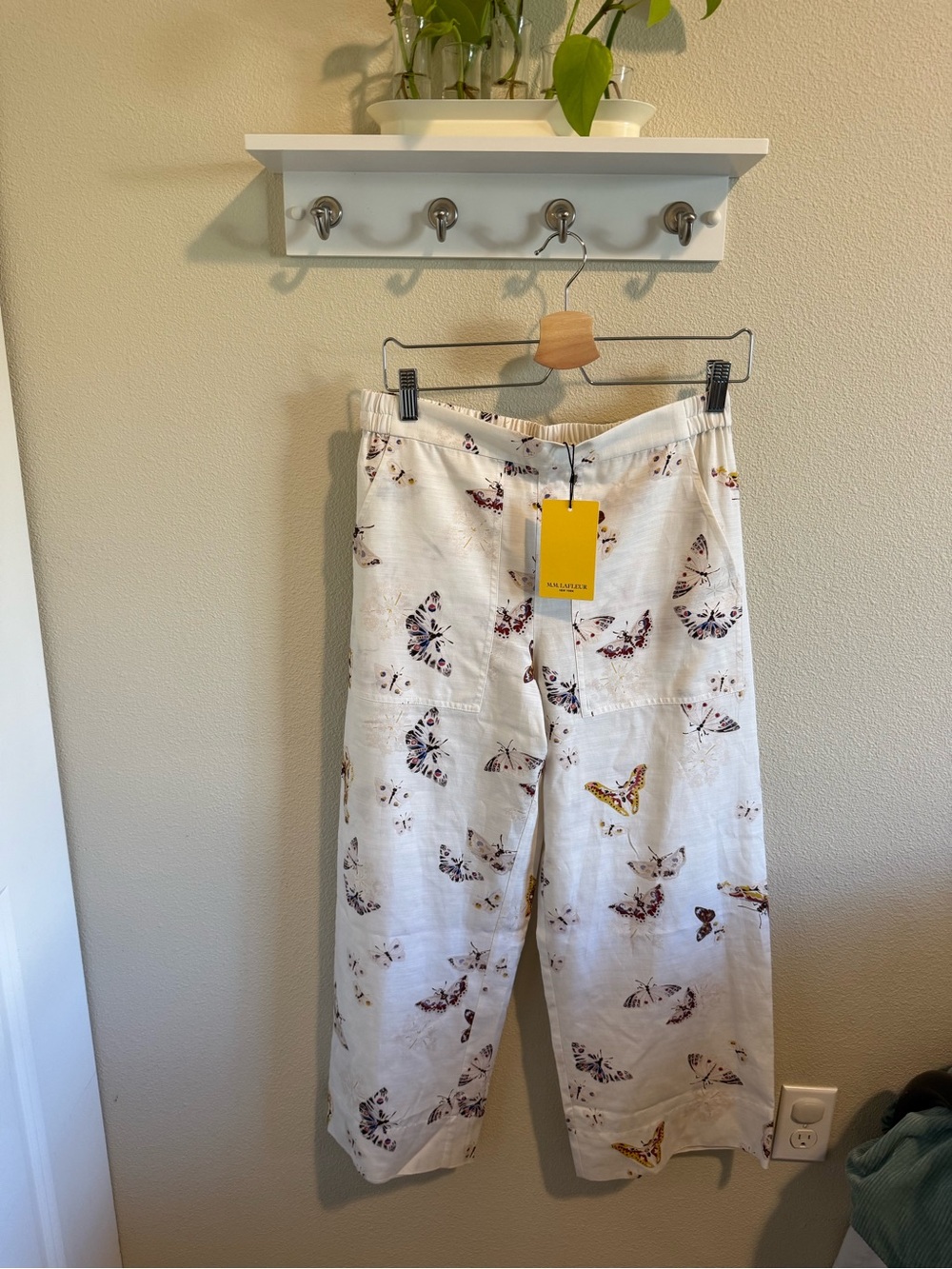MM Lafleur White Linen-Blend Wide Leg Pants with Butterfly Print